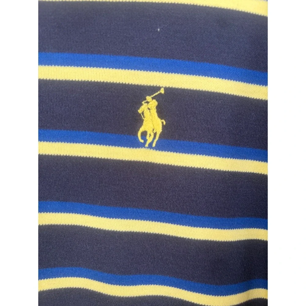 Polo Ralph Lauren Mens Medium Navy Blue Yellow Striped Short Sleeve Polo Shirt